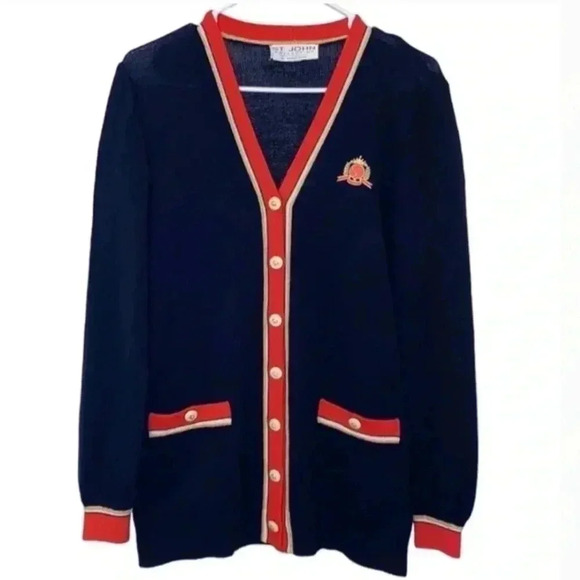 St. John Collection Navy Blue Red Santana Knit Cardigan - Picture 4 of 5